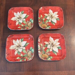 222 FIFTH POINSETTIA HOLLY Square Appetizer Plates 6 1/4" Set of 4